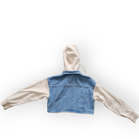 Blue Blush Detachable Hoodie Crop Contrast Cream Sleeves Denim Jacket Sz Small - Picture 8 of 10